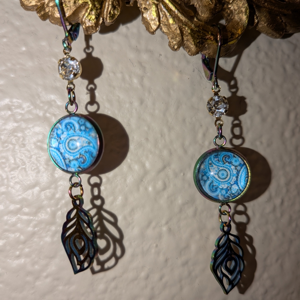 Iridescent Blue Paisley Drop Earrings